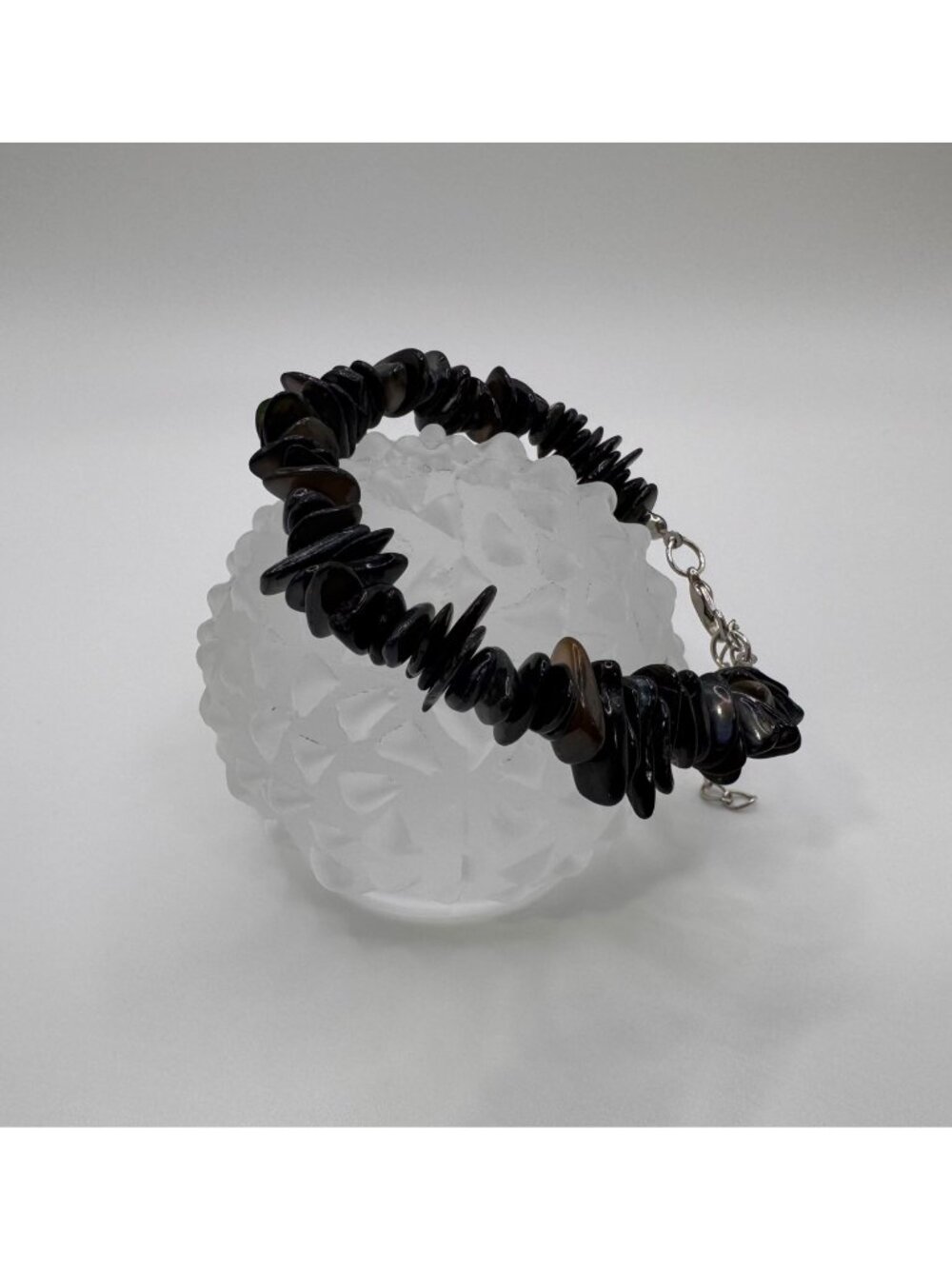 Black Abalone Shell Chip Bracelet Silver Tone Clasp Adjustable 7.5 In